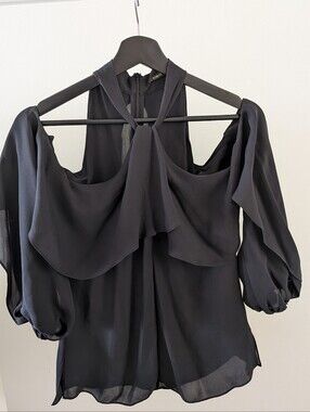 Kobi Halperin Black Silk Cold-Shoulder Ruffle Blouse